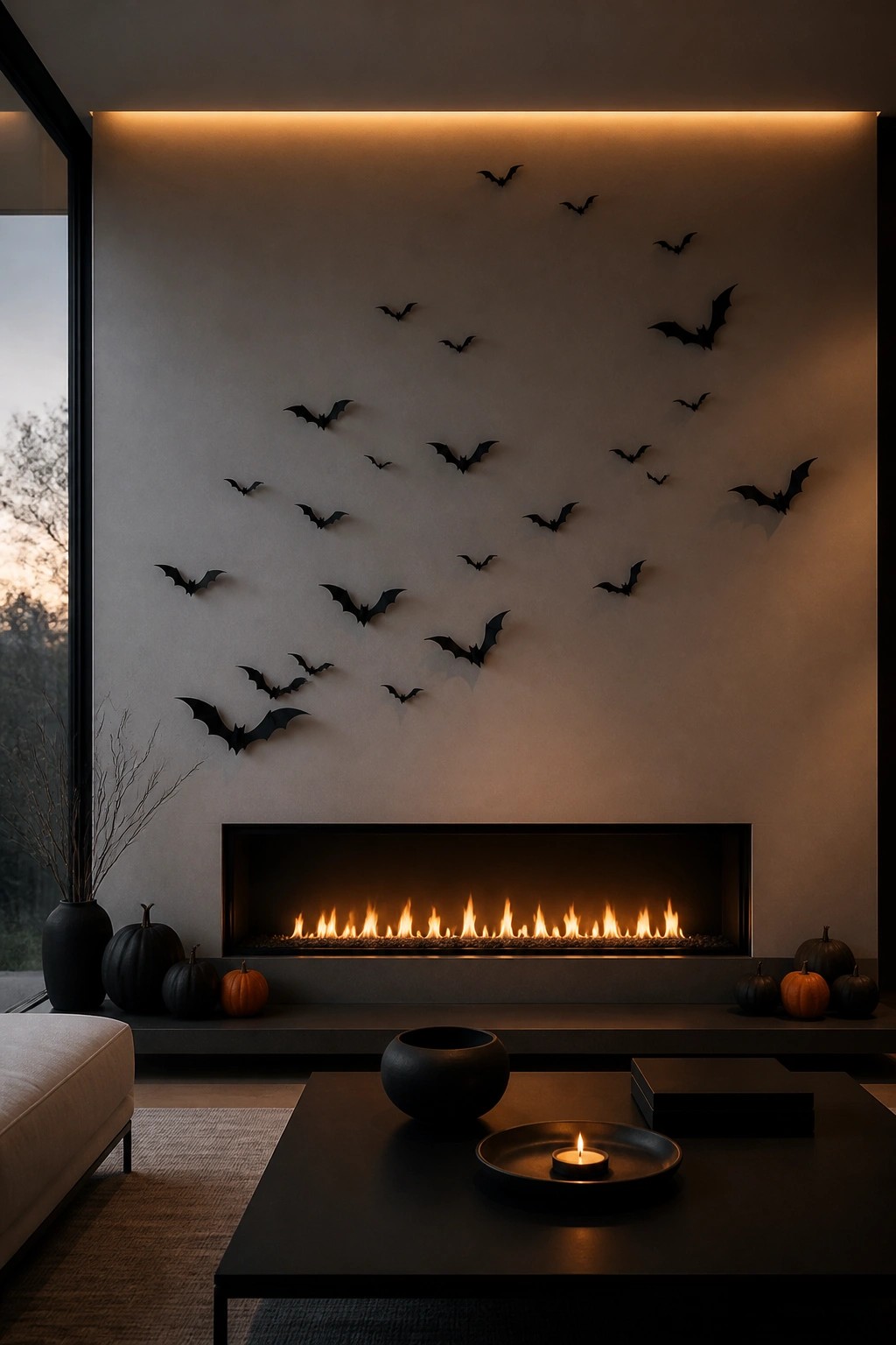 Living room wall covered with numerous black bat cutouts above a linear fireplace, with pumpkins arranged on the hearth ledge.