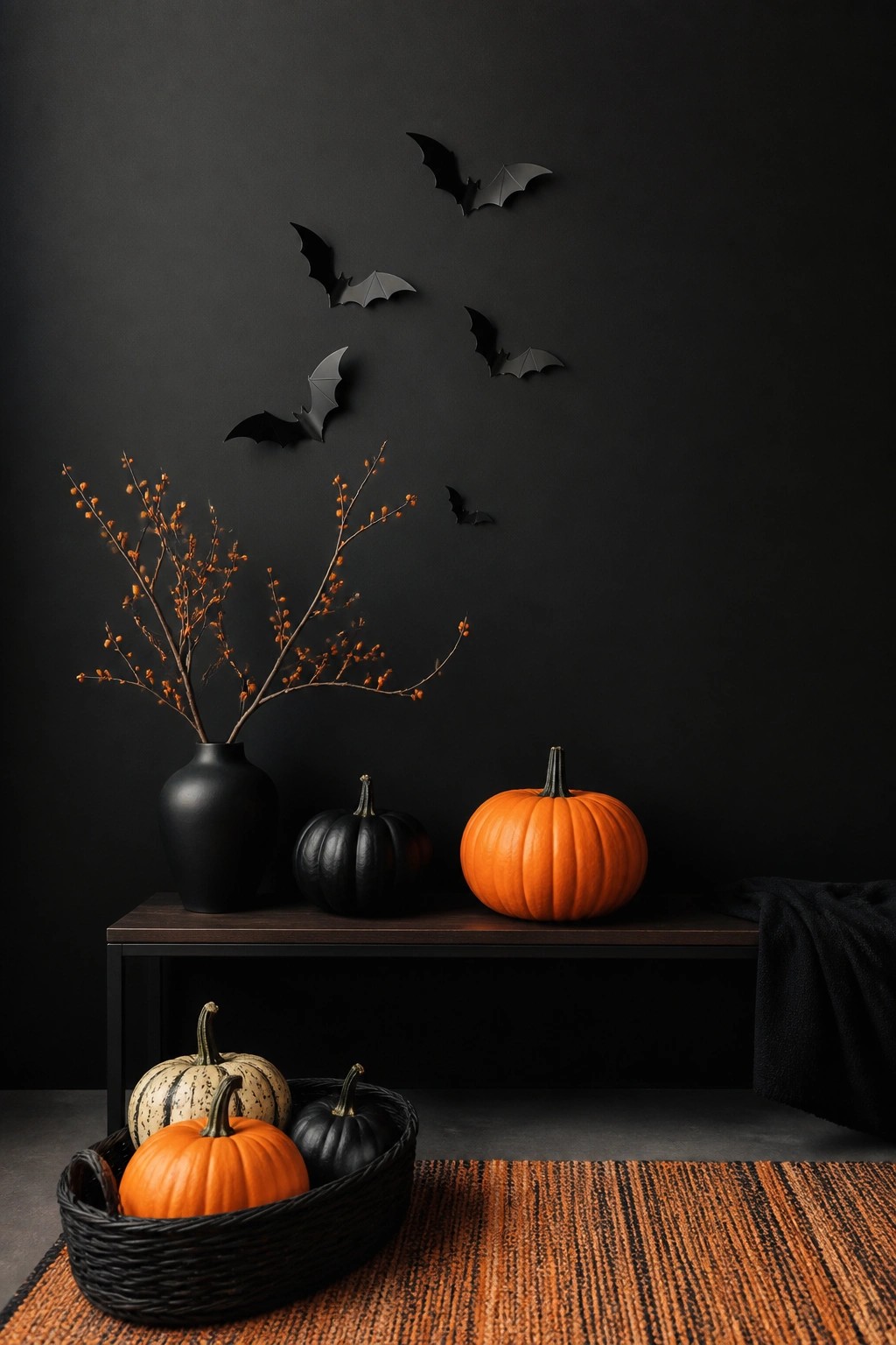 Dark wall in an entryway with black bat silhouettes above a console table holding orange and black pumpkins plus a black vase with branches.