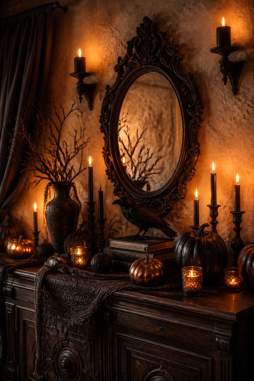 Ornate mirror above wooden cabinet with lit candles, black raven on books, and pumpkins.