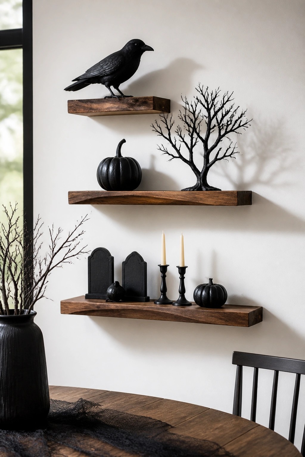 Dining room wall with three wooden floating shelves holding a black crow, black pumpkin, bare tree sculpture, tombstone shapes, black candles, and small pumpkins.