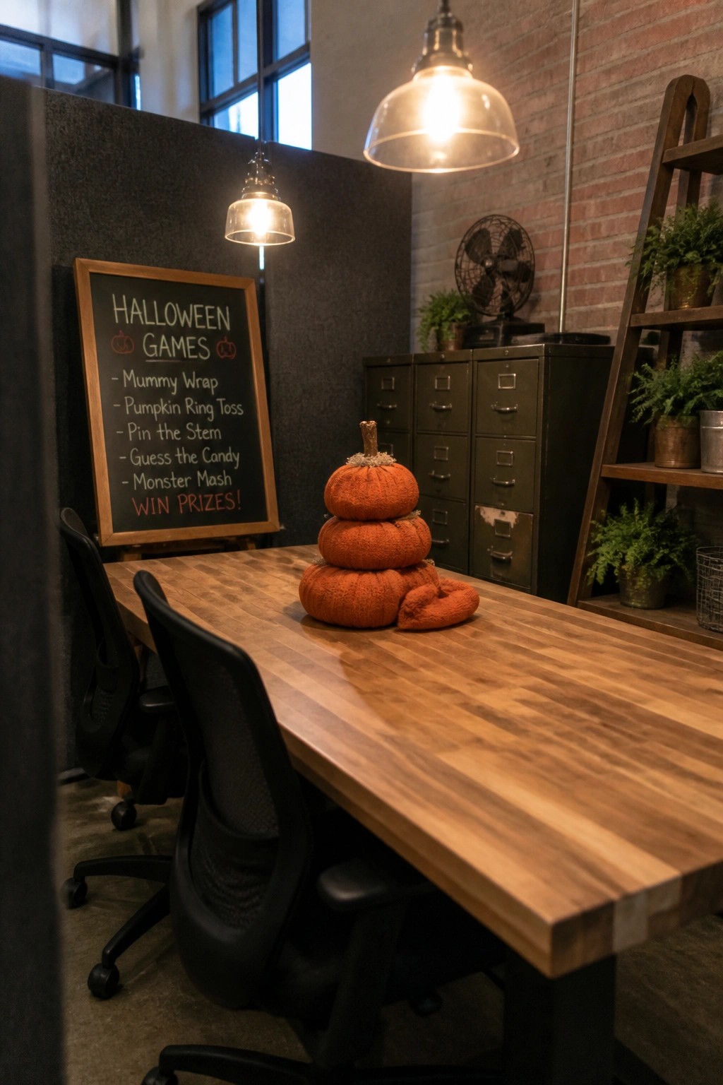 A wooden conference table with stacked orange fabric pumpkins, black office chairs, and a chalkboard sign on the wall listing Halloween games and prizes.