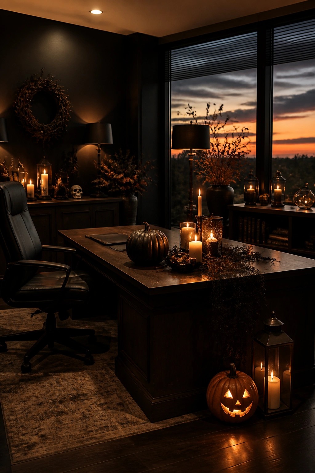 A dark wooden office desk with carved jack o lanterns, candles, and lanterns arranged on the surface and floor.