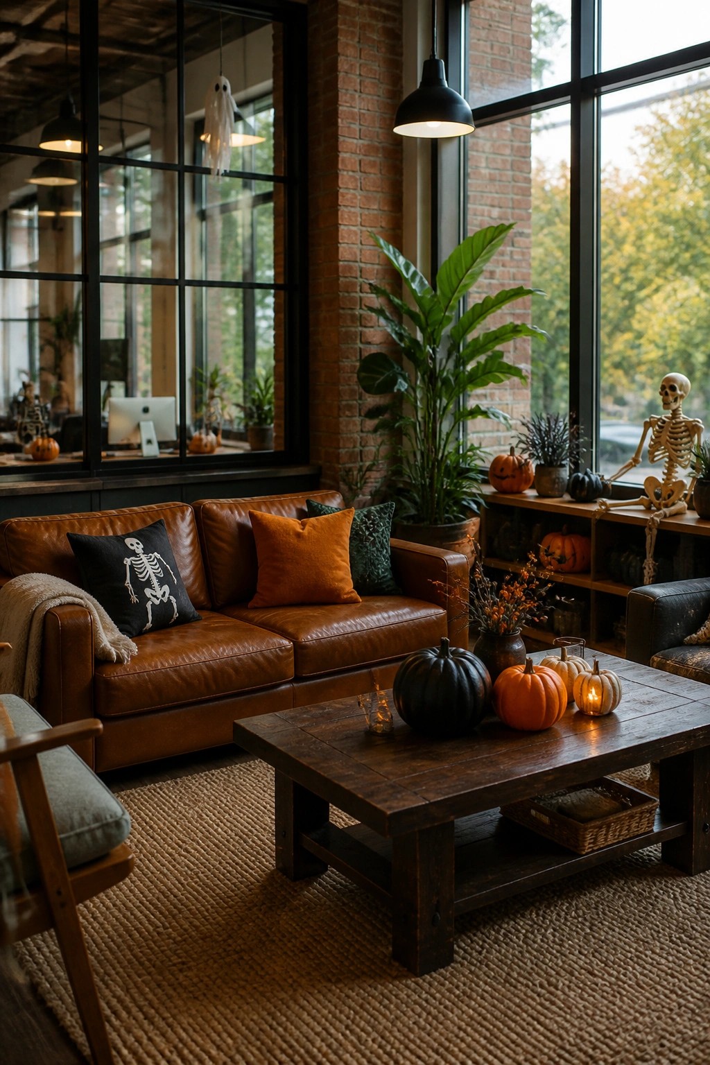 Office lounge area with a brown leather sofa, black skeleton pillow, pumpkins on a wooden coffee table, and a skeleton figure positioned near large windows.