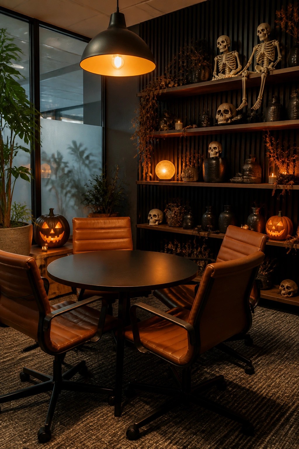 Office meeting area with brown leather chairs around a round table and dark shelves holding multiple skeletons, skulls, and two lit jack-o'-lanterns.