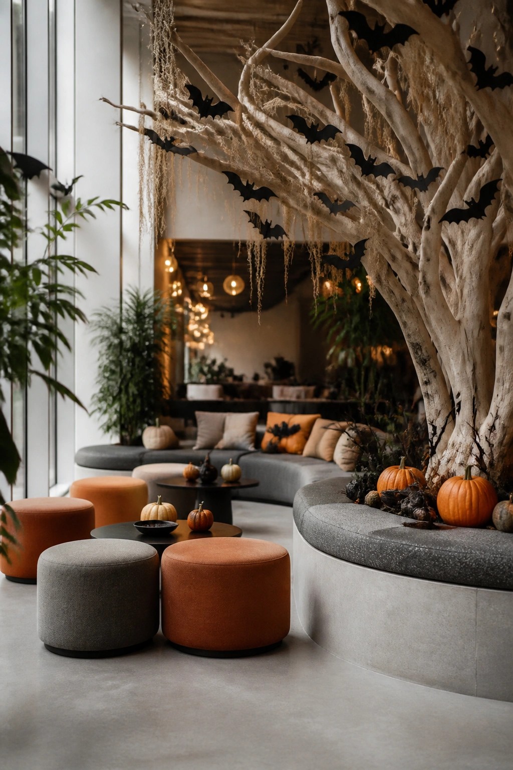 Modern office lounge area featuring a large white sculptural tree covered in black bat cutouts with orange and gray seating and small pumpkins placed around the base.