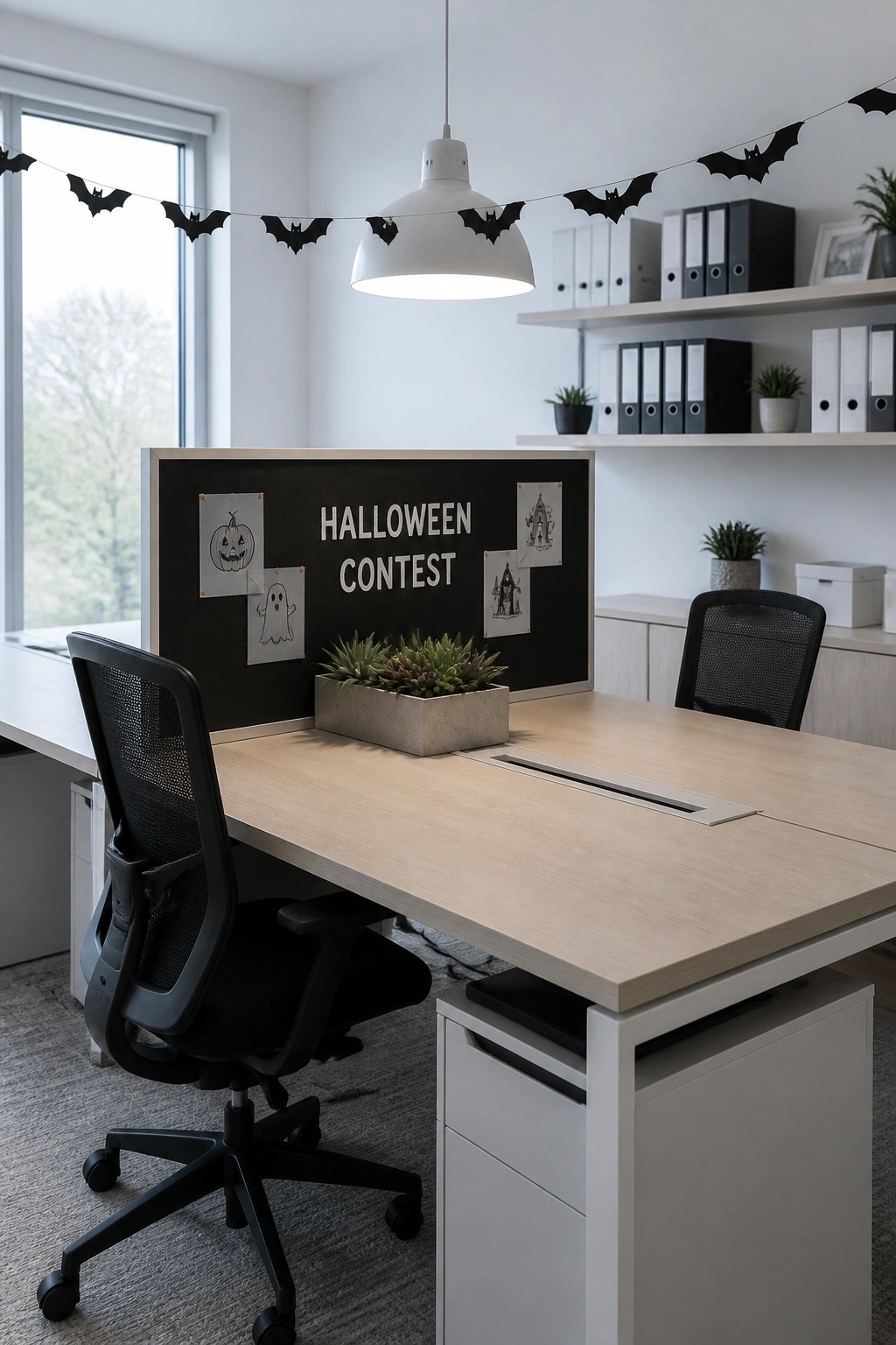 An office desk with a black bulletin board displaying 