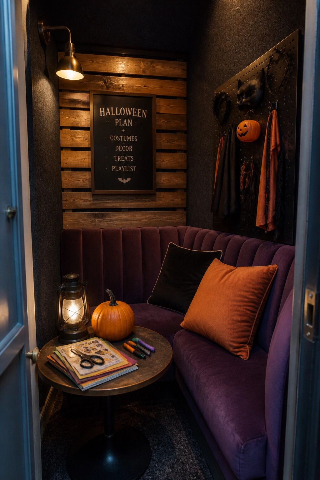 Cozy purple velvet bench in Halloween nook with chalkboard, pumpkin, and lantern