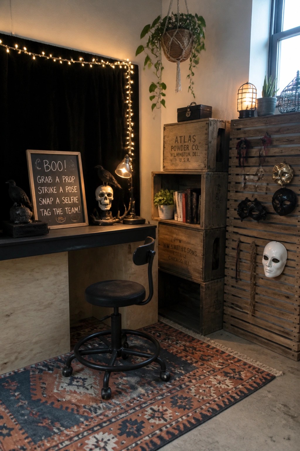 A Halloween office desk with a chalkboard sign, skull, birds, lamp, and masks on wooden crates.