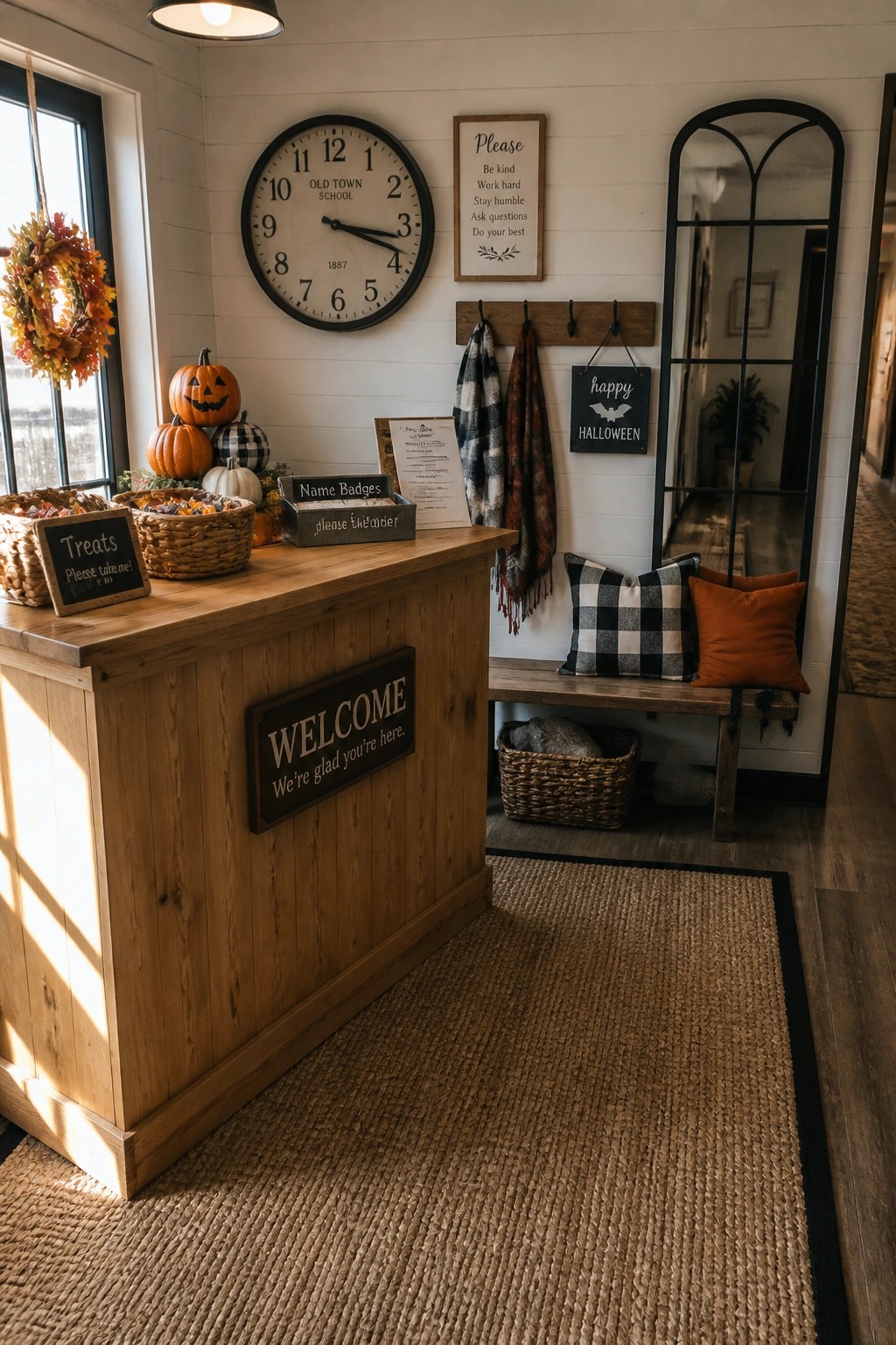 A wooden reception desk in a white entry room displays Halloween pumpkins, woven treat baskets, a welcome sign, and a wall clock above.