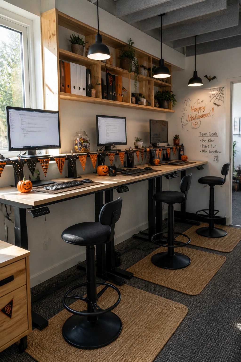 A long office desk with three computer monitors, orange and black Halloween bunting, small pumpkins, and black stools on woven rugs.