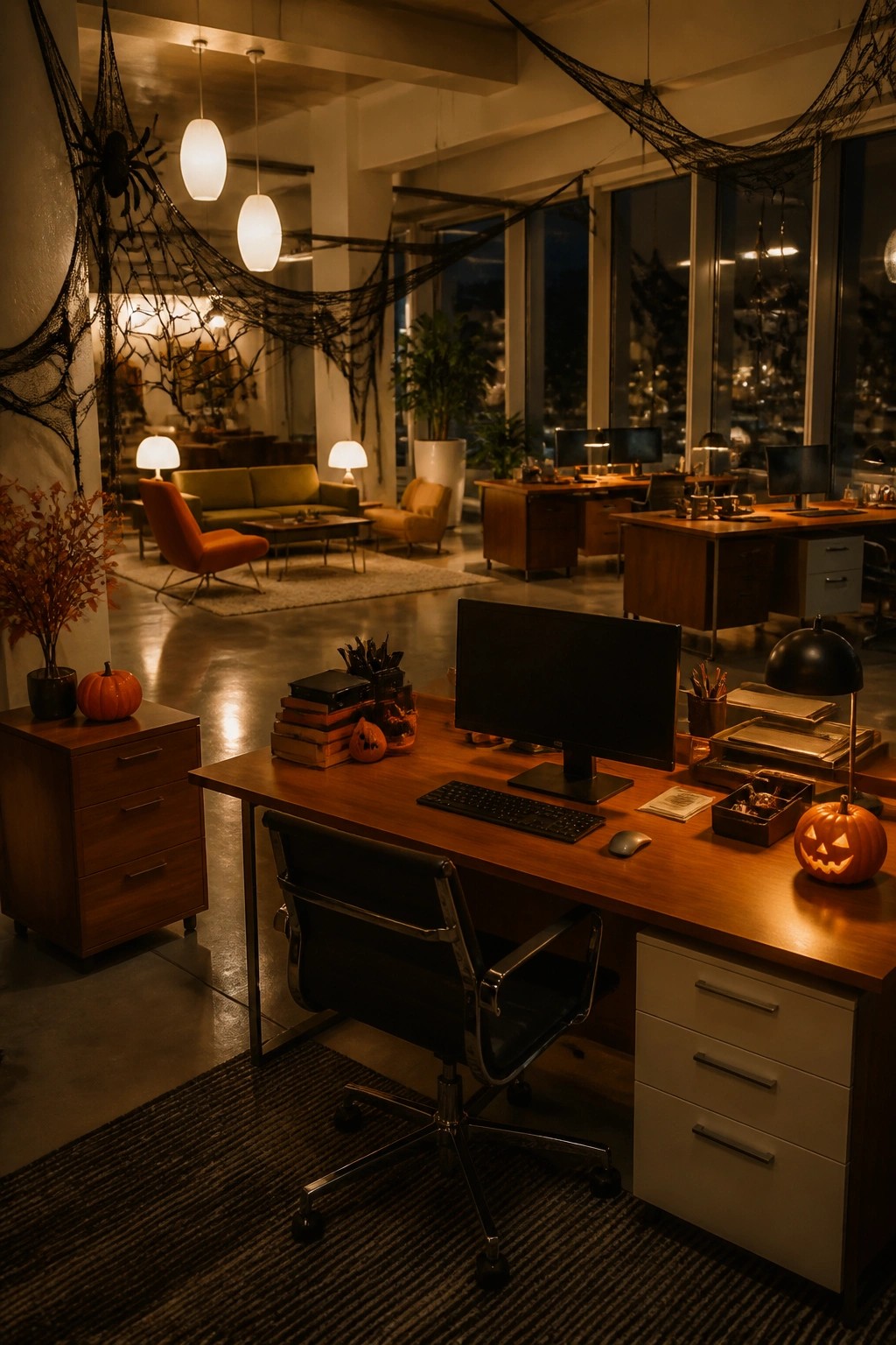 Modern office with wooden desks, black spiderwebs draped across the ceiling, plastic spiders, and carved jack-o'-lanterns placed on work surfaces.