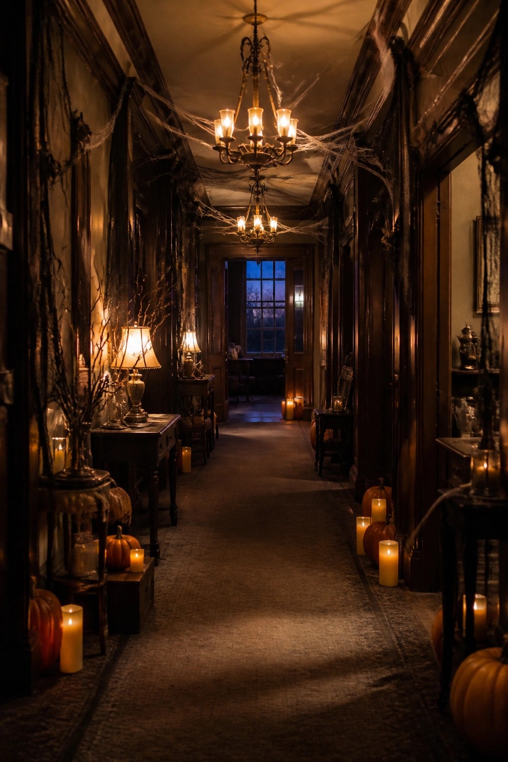 Long dark hallway with spiderwebs stretched across the ceiling and walls, pumpkins, and candles along the sides.