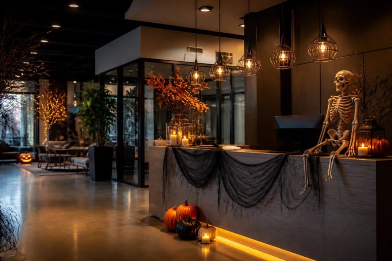 Modern office reception desk with several carved and lit jack o' lanterns grouped on the floor and counter, plus a large spider decoration on the wood wall.