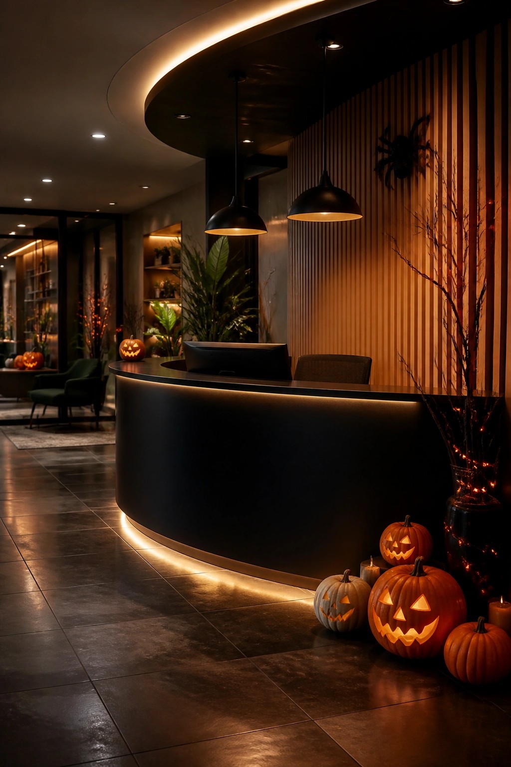 Modern office reception desk with several carved and lit jack o' lanterns grouped on the floor and counter, plus a large spider decoration on the wood wall.