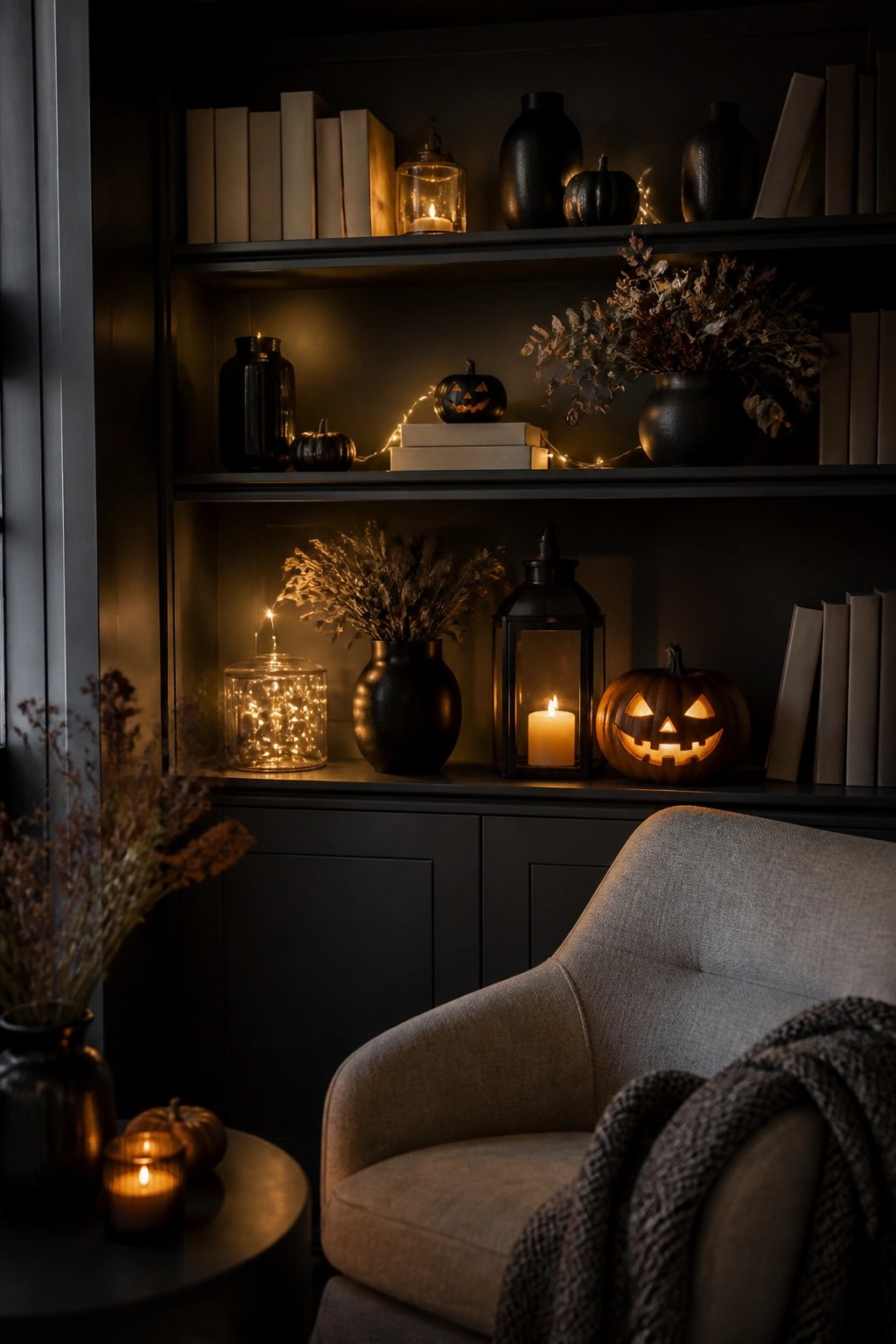 Dark built-in bookshelves styled with several carved jack o lanterns, small lanterns, and string lights mixed among neutral books and vases.
