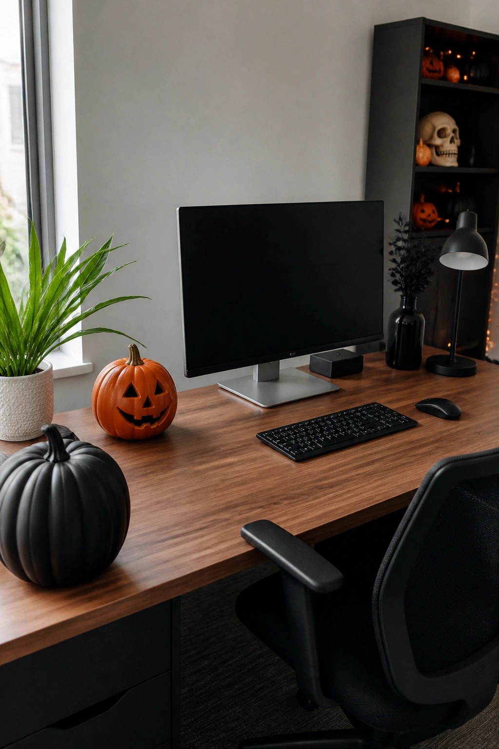 Office desk with a computer monitor, keyboard, mouse, and two jack o lanterns including a carved orange pumpkin and a black pumpkin, with a skull visible on a shelf in the background.