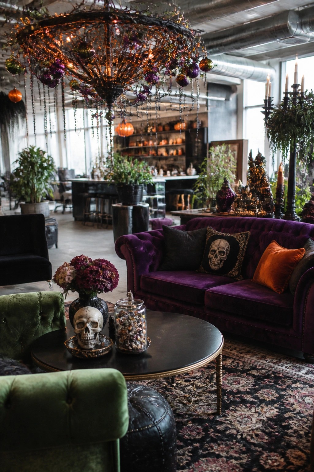 Large open office lounge with a dramatic hanging branch chandelier decorated with lights and ornaments above a purple velvet sofa and coffee table skulls.