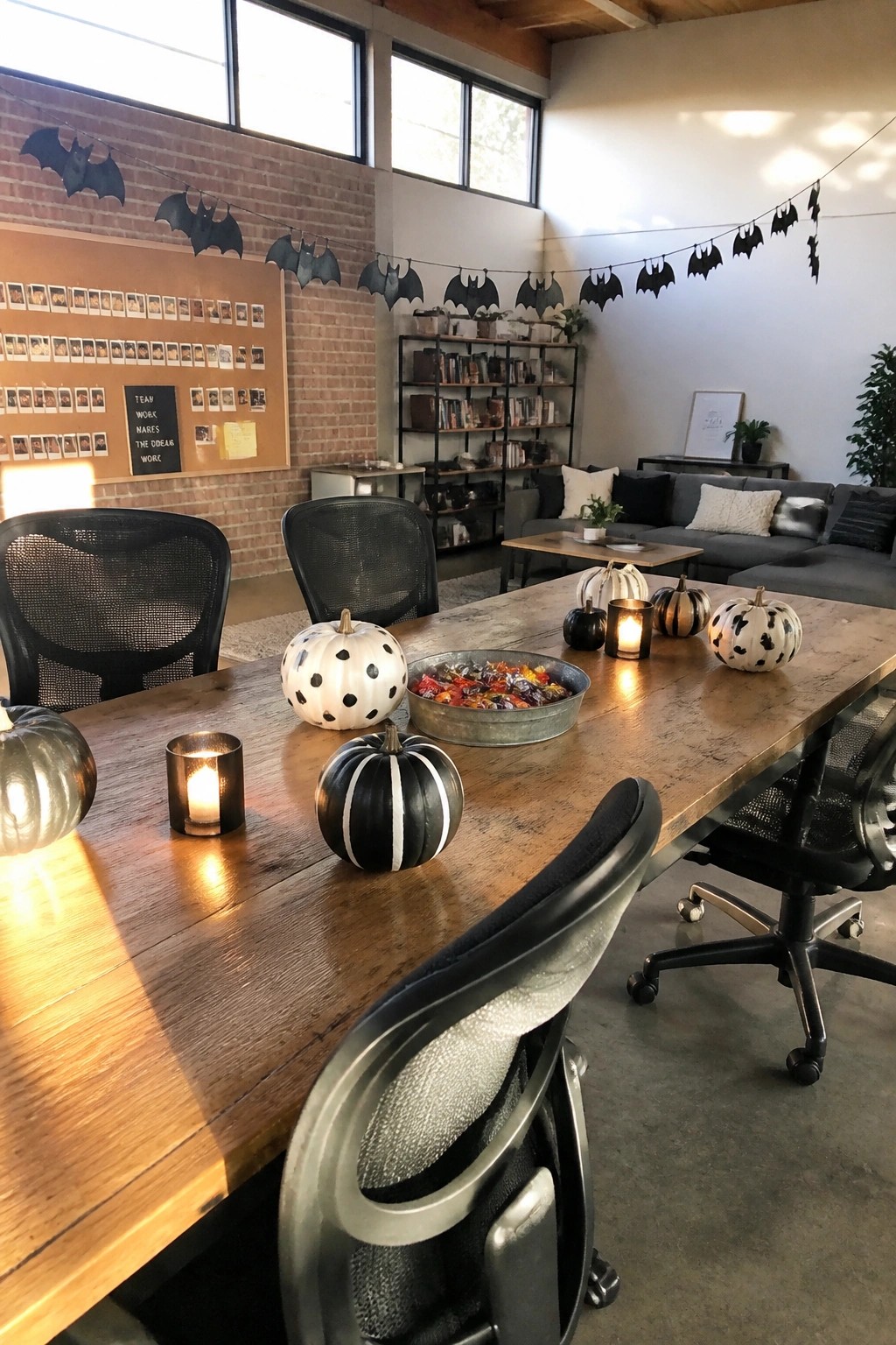 An office conference table with black and white painted pumpkins, a bowl of candy, and small candles, plus black bat garlands hung along the brick wall behind.
