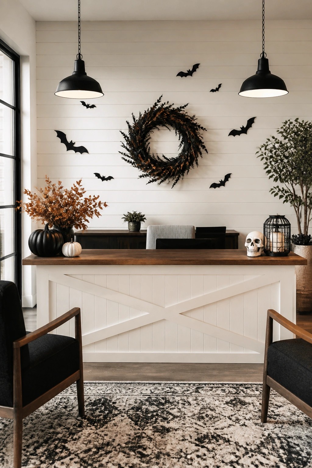 Reception desk with black bats arranged on the white wall above it, along with a dark wreath, skull, and lantern on the counter.