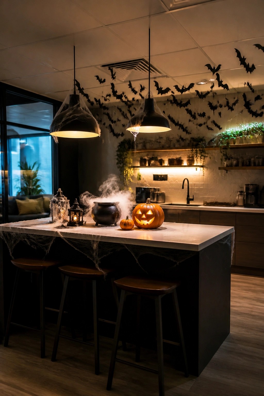 Modern kitchen island topped with spiderwebs, a carved jack-o'-lantern, a smoking cauldron, and black bats hanging from the ceiling above.