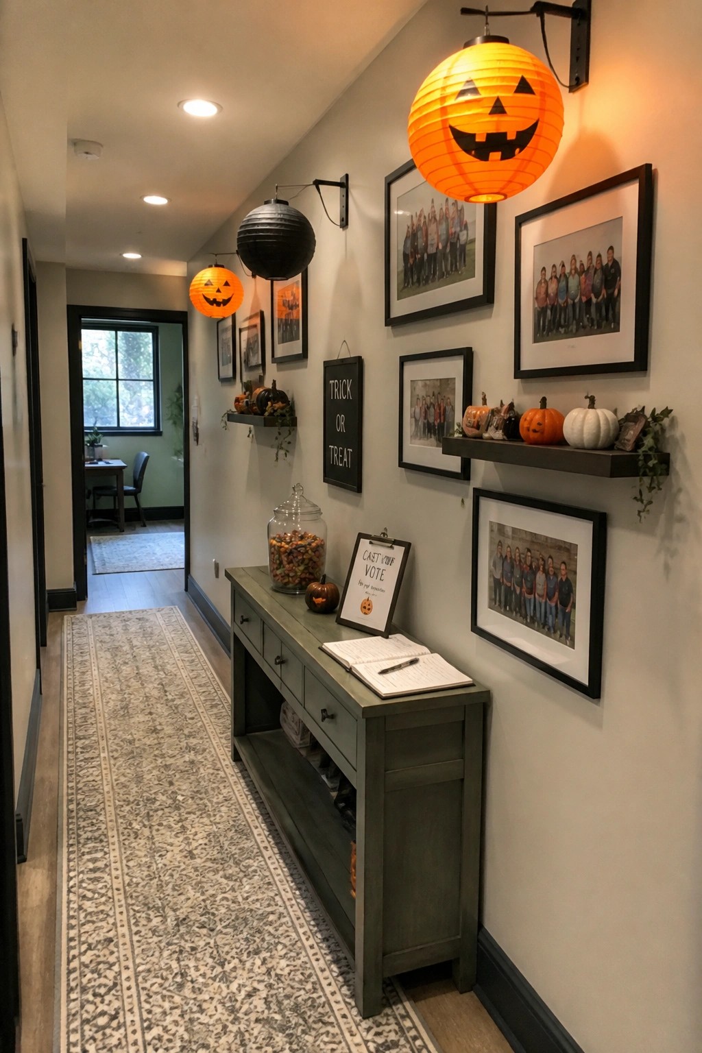 A narrow hallway with orange jack-o'-lantern paper lanterns mounted on wall sconces above a green console table and rows of framed photos.