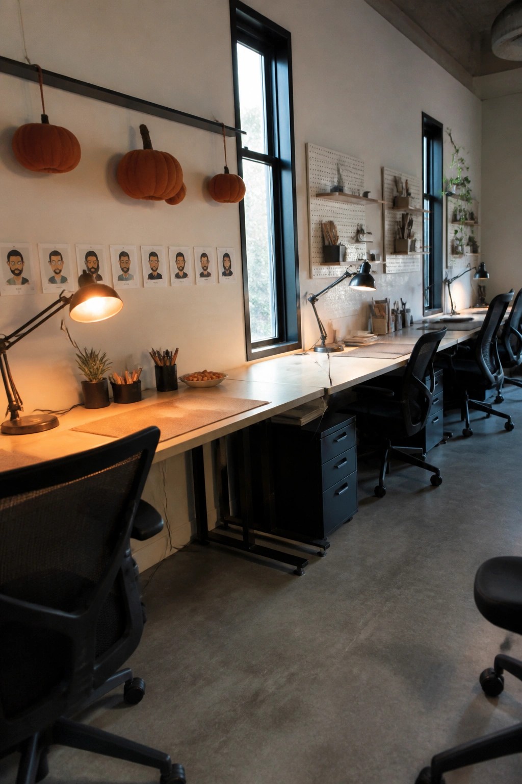 A long office workspace with a white desk, black office chairs, desk lamps, and orange fabric pumpkins hanging from a black rail above a row of illustrated portraits.