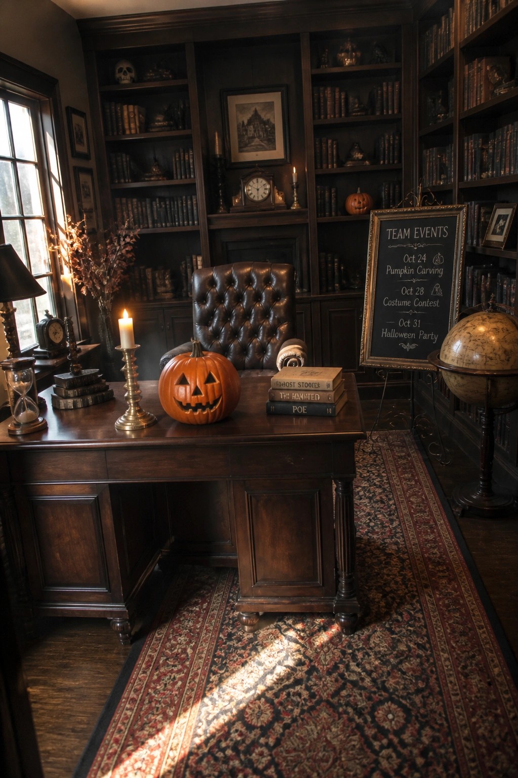 A dark wood office with bookshelves, a leather chair, a wooden desk holding a carved pumpkin and books, and a chalkboard listing team Halloween events.