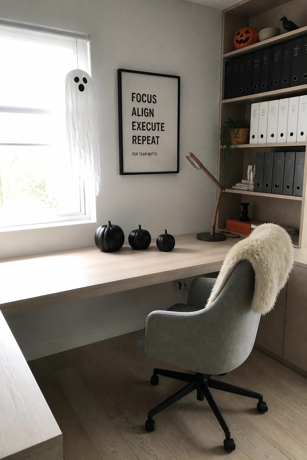 Modern desk with gray chair, black pumpkins, motivational poster, ghost decoration and shelves.