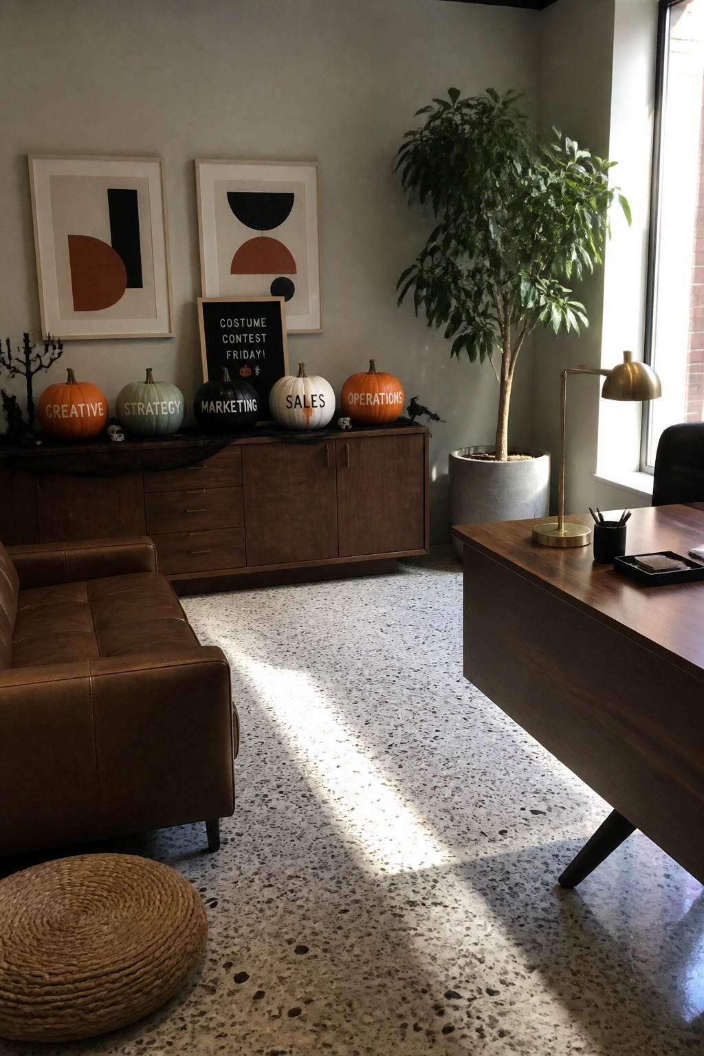 Modern office with leather sofa, wooden credenza, labeled pumpkins, terrazzo floor, and plant.