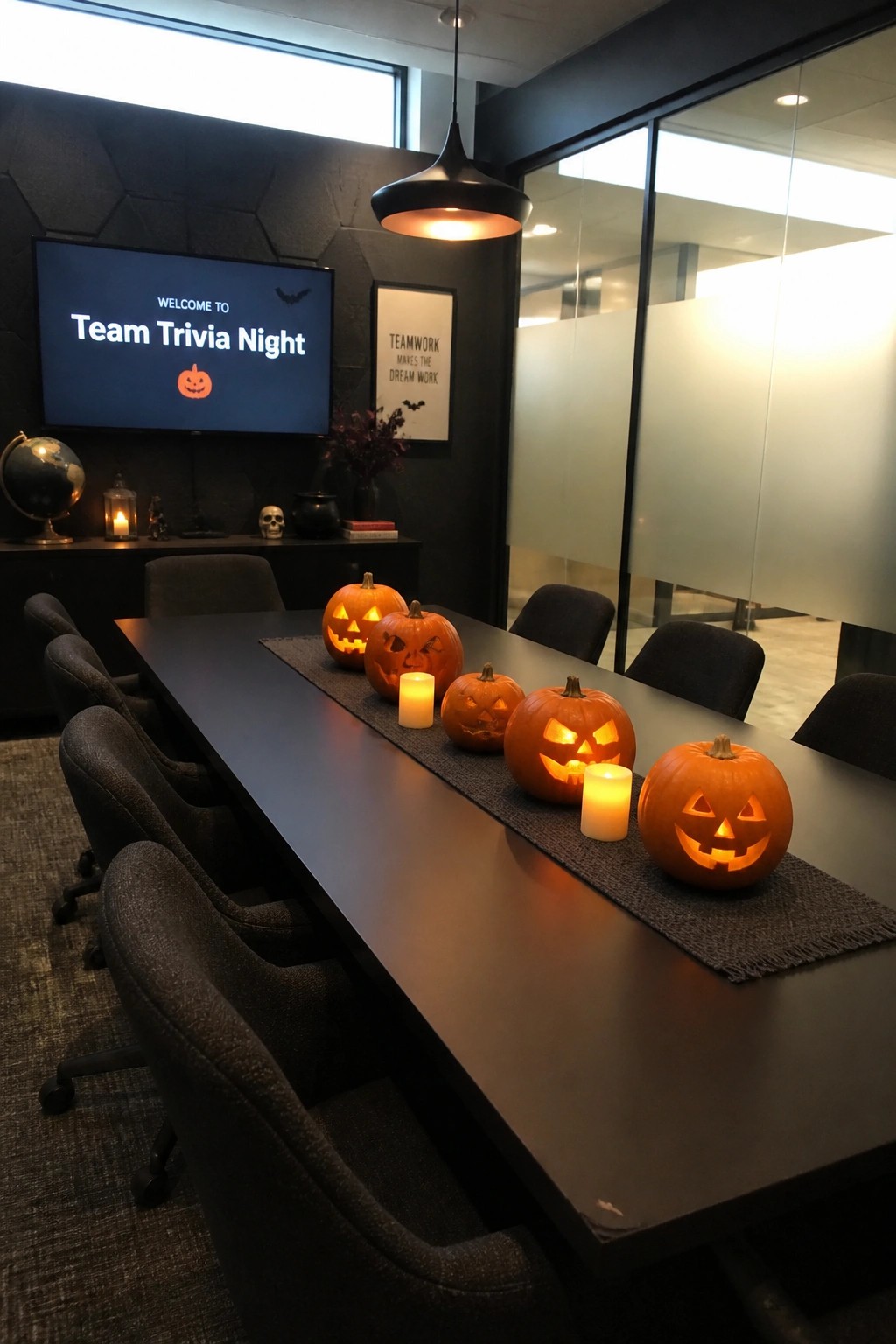 A conference room with a long table lined with carved jack-o'-lanterns and candles, a screen showing Team Trivia Night.