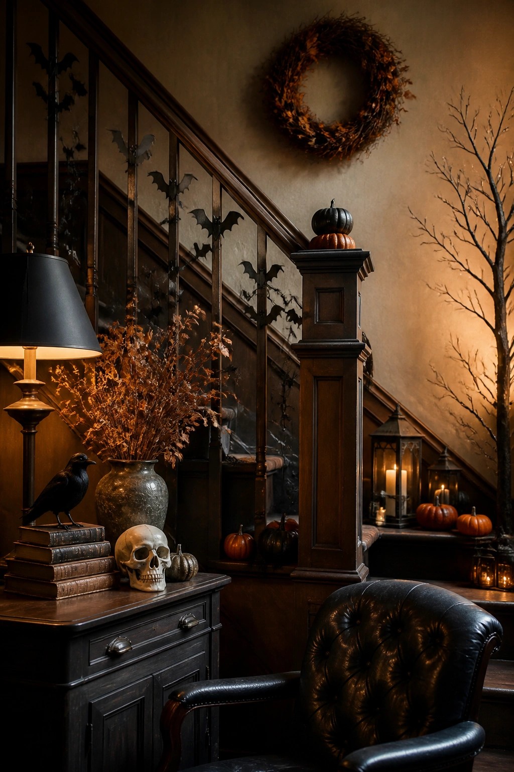 Staircase with black bat cutouts attached to the wooden railing beside a dark console table holding a skull and crow.
