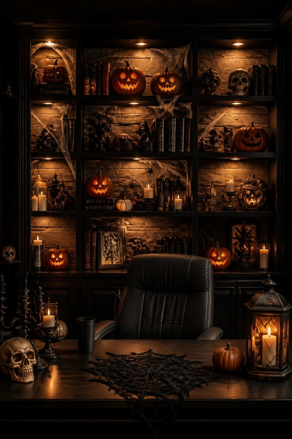 Office with black built-in shelves displaying multiple glowing jack o lanterns, skulls, candles, and spiderwebs behind a desk and black leather chair.