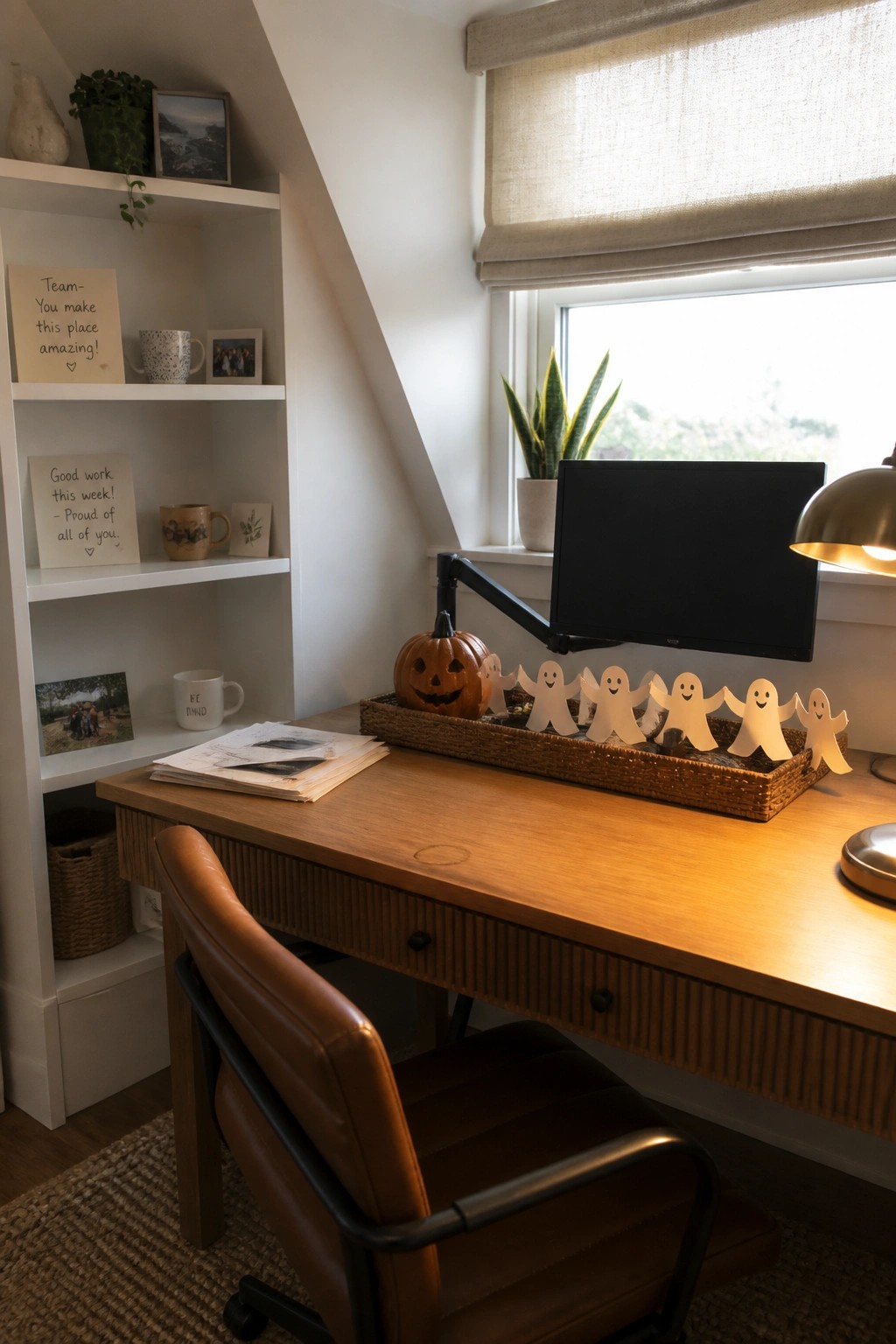 A wooden desk holds a woven tray with a small carved pumpkin and a paper ghost chain, positioned in front of a window with built-in white shelves visible to the left.