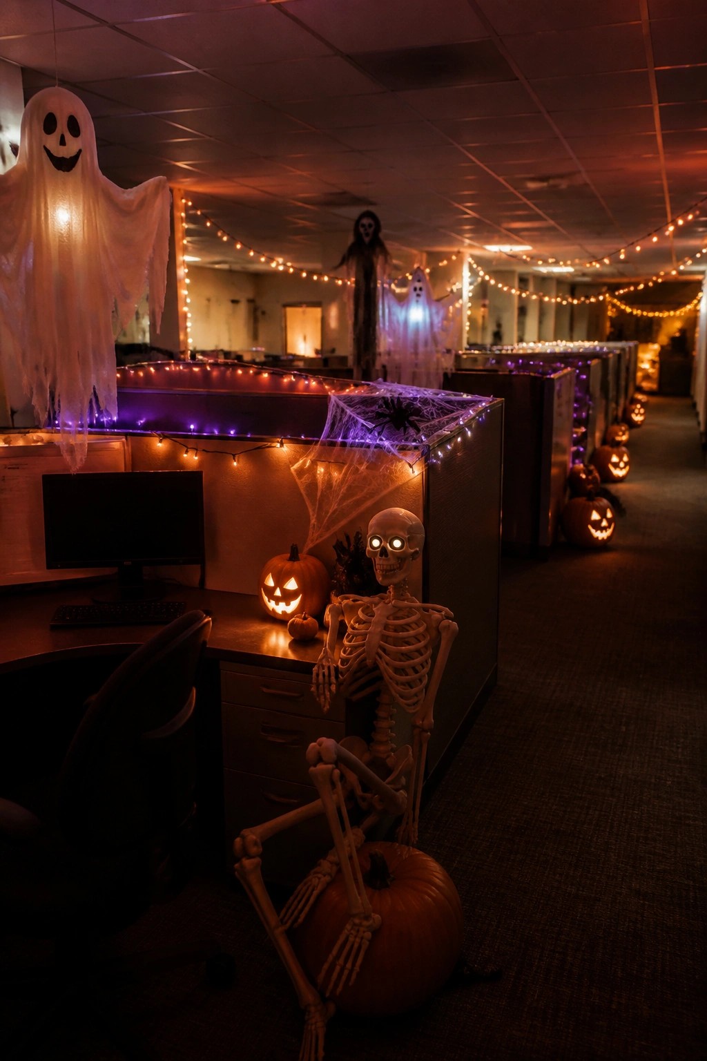 Office cubicle with a skeleton posed at a desk on top of a pumpkin, accompanied by string lights, spiderwebs, and jack-o'-lanterns.