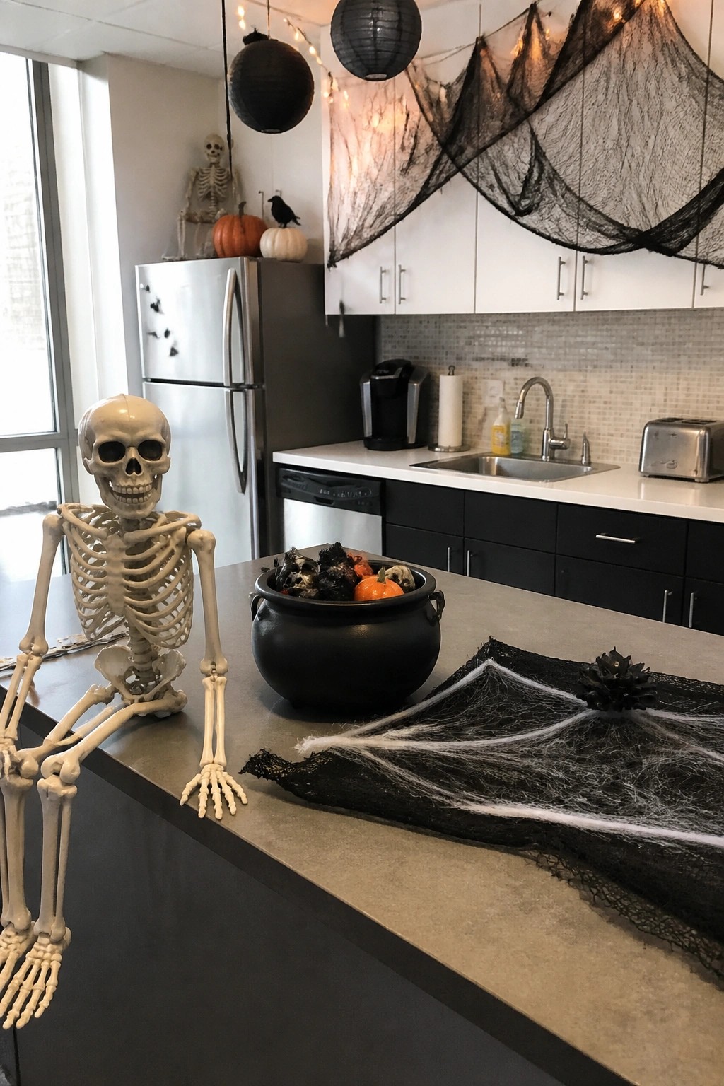 Skeleton posed on a kitchen island next to a black cauldron with spiderweb accents and pumpkins in the background.