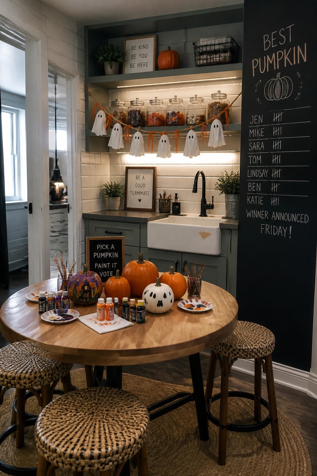 A round wooden table in a kitchen holds painted and unpainted pumpkins, paint bottles, brushes, and paper plates, with Halloween ghost garlands above the sink and a chalkboard voting board on the wall.