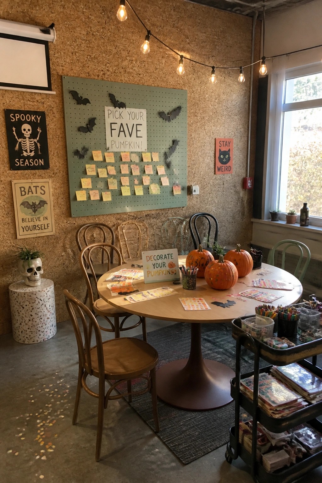A round wooden table with orange pumpkins, art supplies, and chairs arranged around it in a room with a pegboard wall and Halloween signs.