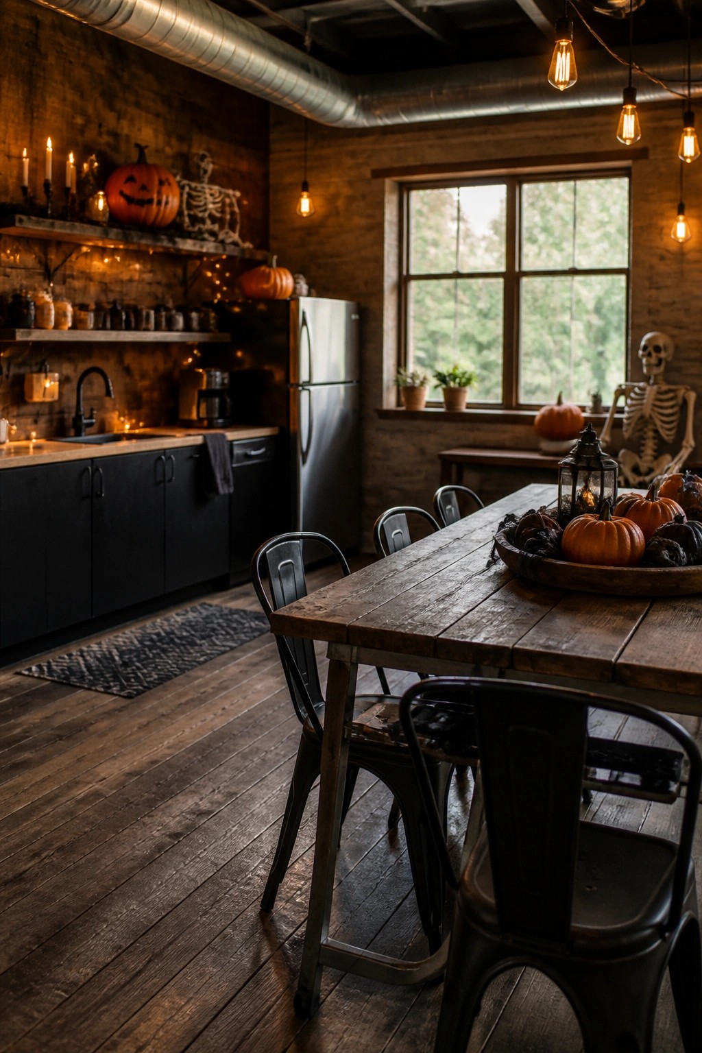 Rustic dining space with a skeleton seated on a bench near a window and a wooden table holding a tray of pumpkins and a lantern.