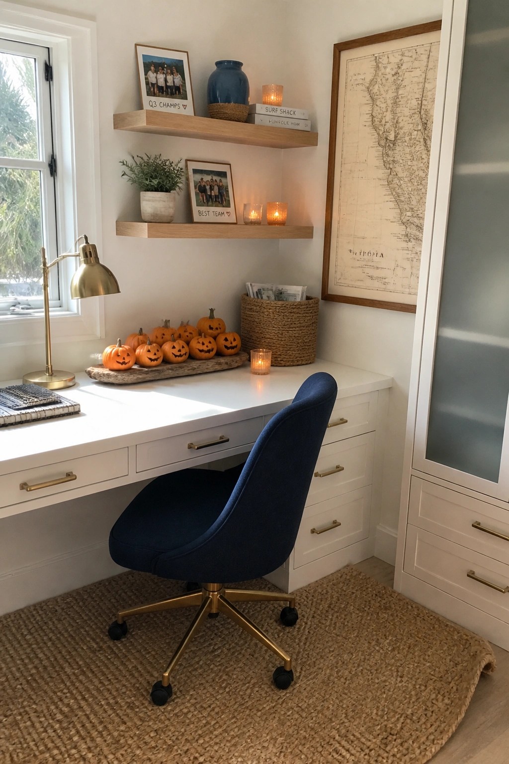 A home office features a white desk with a navy blue chair, gold desk lamp, and a row of small orange pumpkins on a wooden tray beside lit candles.