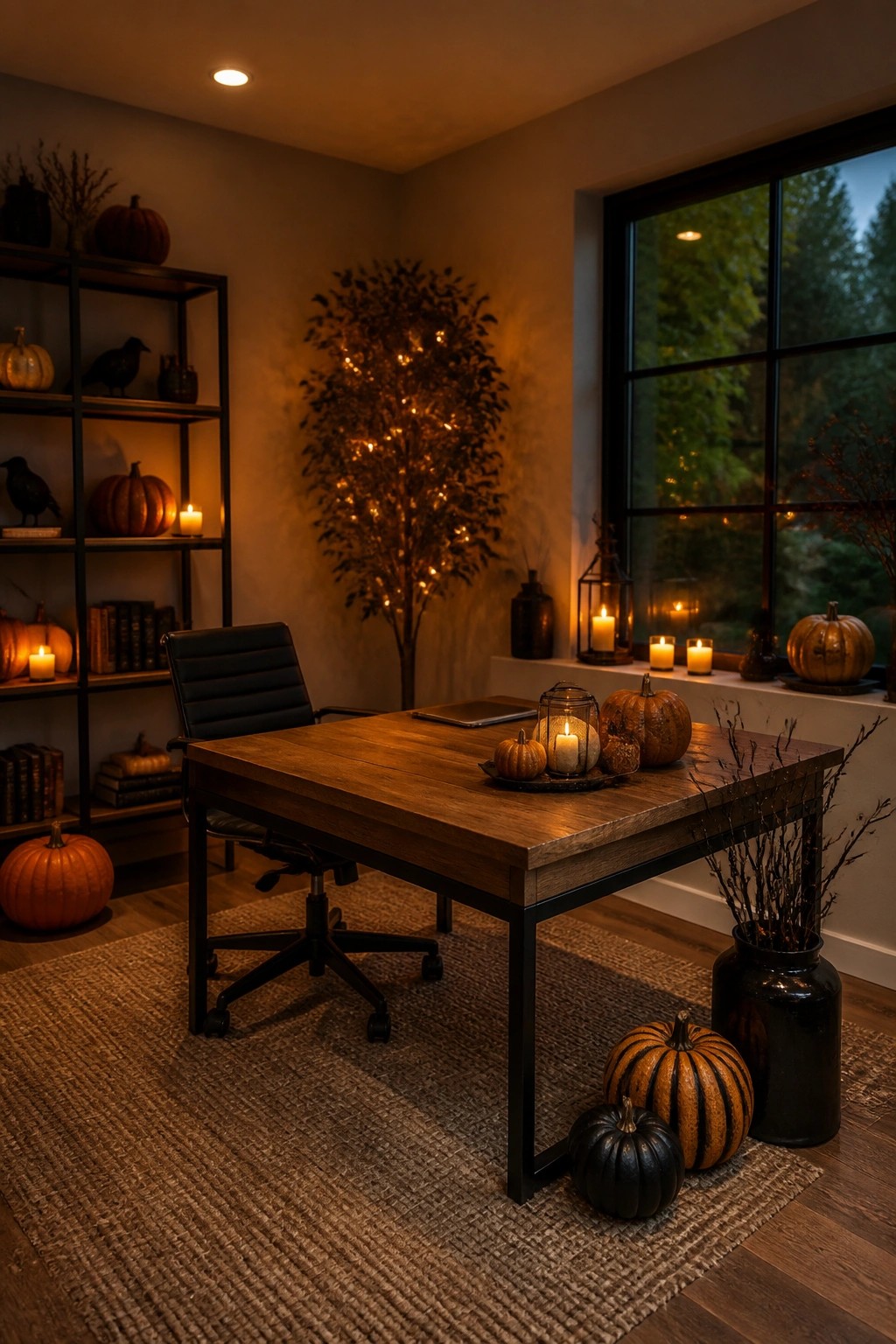 Home office desk decorated with orange and black pumpkins of various sizes, a lit candle tray, and scattered candles on shelves and windowsill.