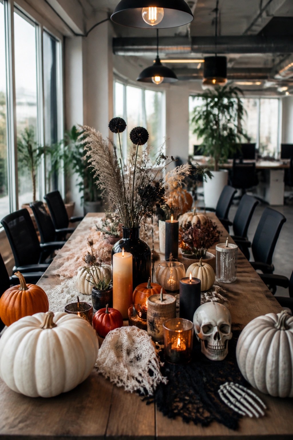 Halloween table with pumpkins, lit candles, skull, skeleton hand, and dried flowers in office
