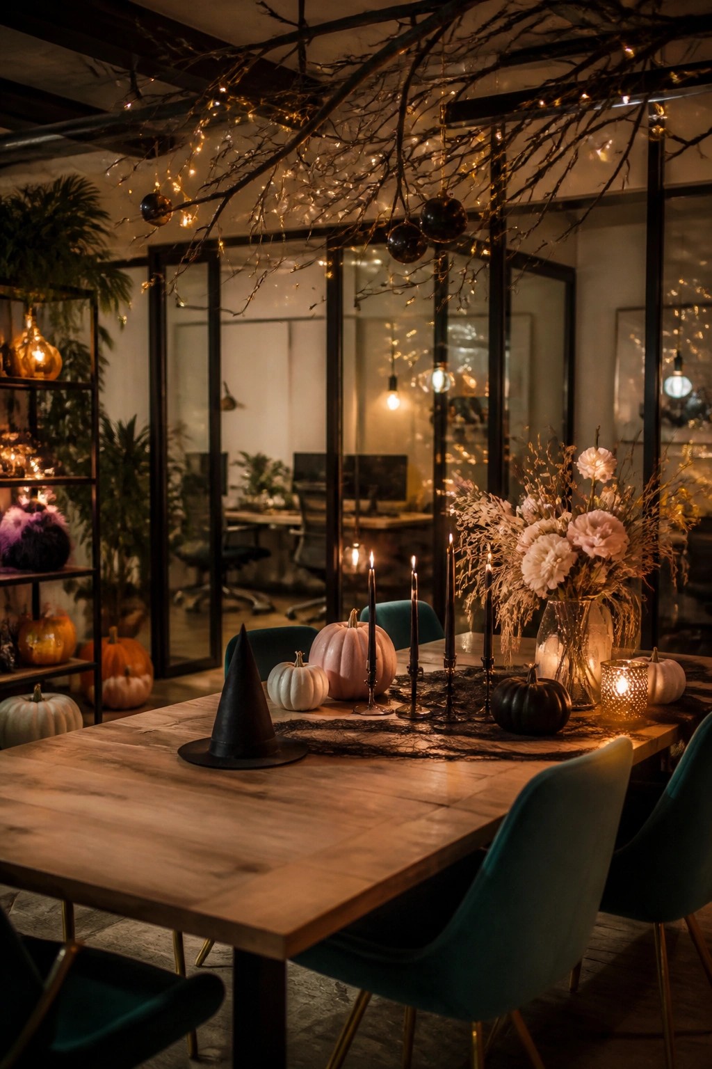Office dining table set with a black witch hat, black taper candles, and mixed pumpkins as a Halloween tablescape.