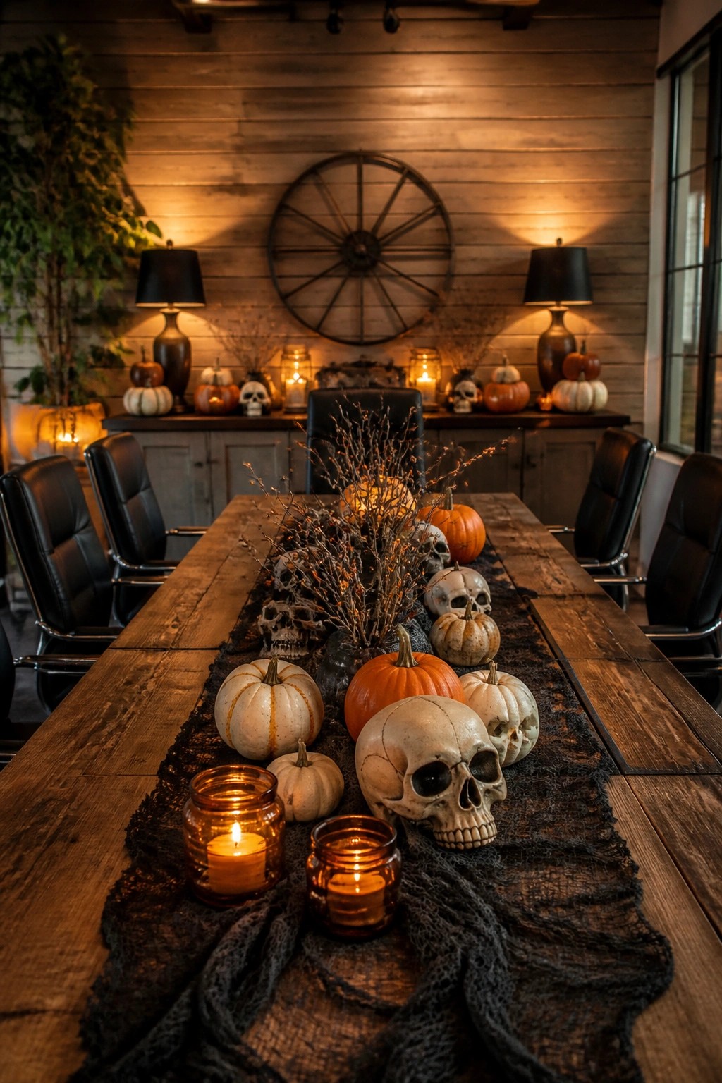 Wooden table with skulls, pumpkins, candles, twigs on black lace runner in rustic room
