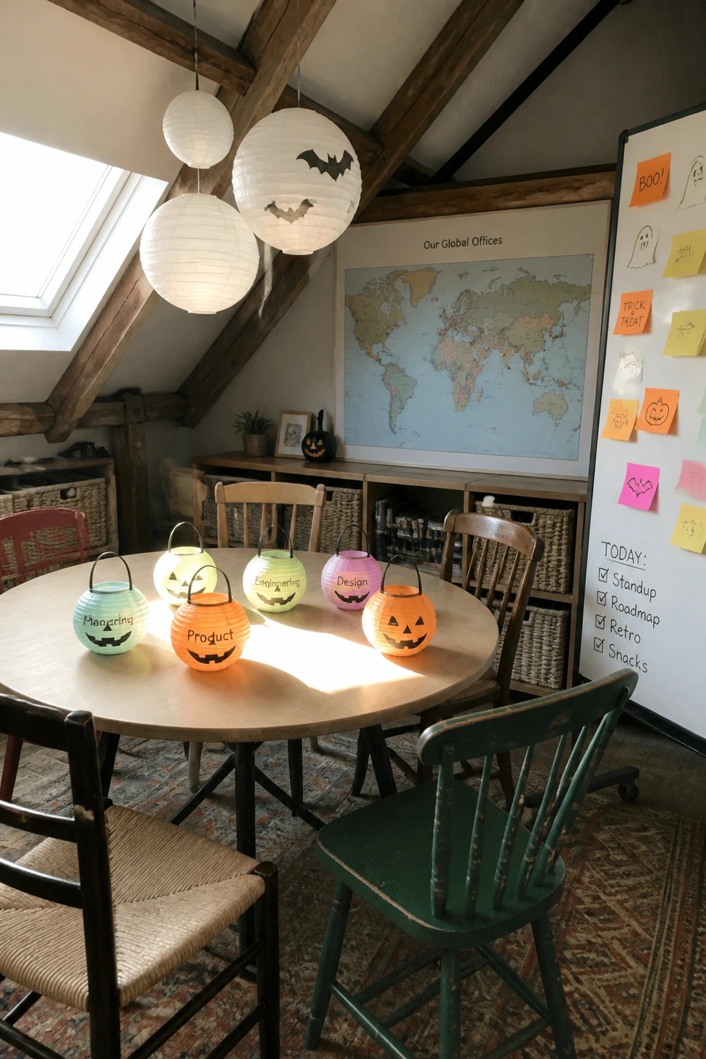 A round wooden table in an attic-style office holds five colorful paper lanterns with jack-o-lantern faces, each labeled with a team name such as Marketing, Product, Engineering, and Design.