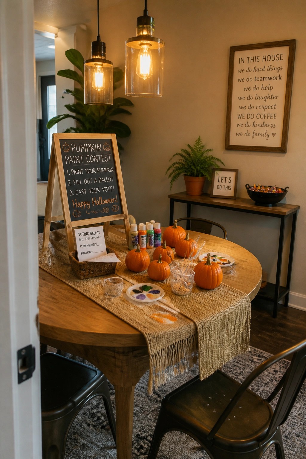 A round wooden table covered with a burlap runner holds small orange pumpkins, paint bottles, palettes, brushes, and a wooden A-frame chalkboard sign announcing a pumpkin paint contest.