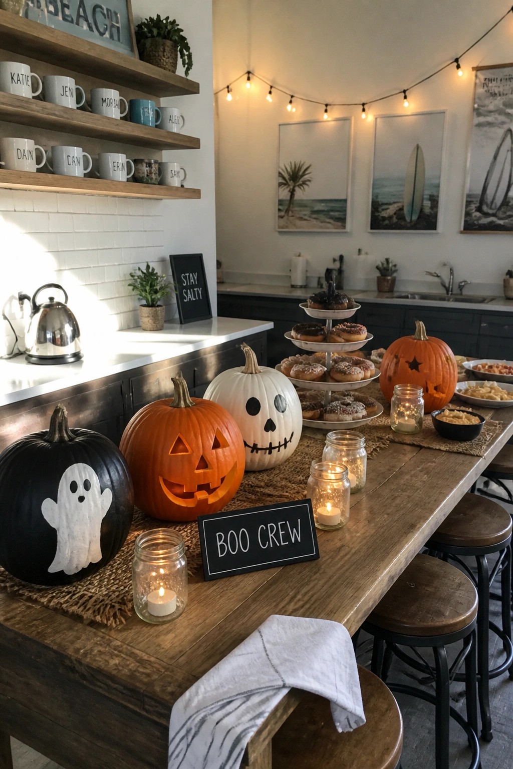 A wooden table in a kitchen holds several carved pumpkins, a tiered stand of donuts, lit mason jars, and a small chalkboard sign that reads 