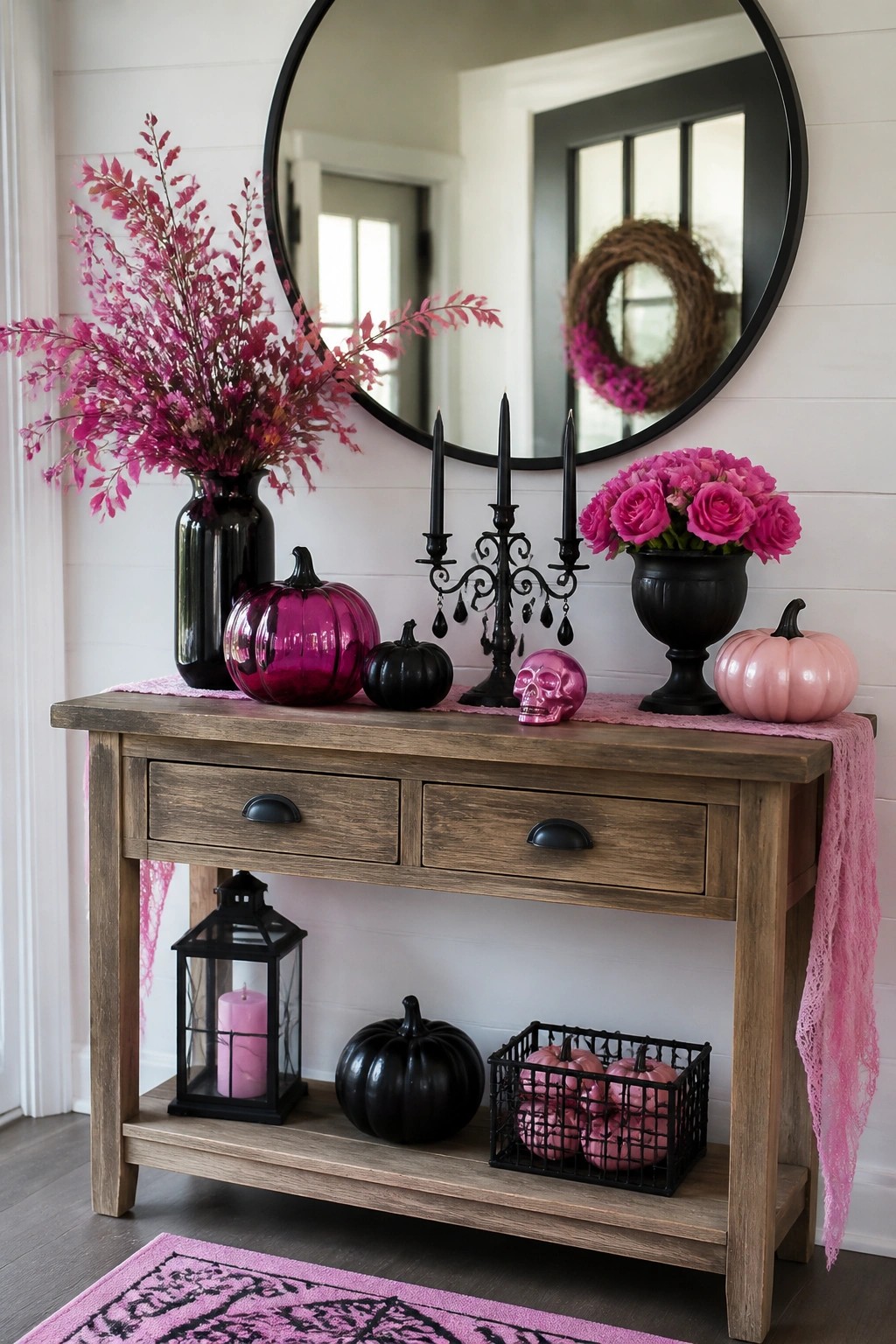 Rustic wooden console table with pink pumpkins, black candelabra, roses, and skull decor.