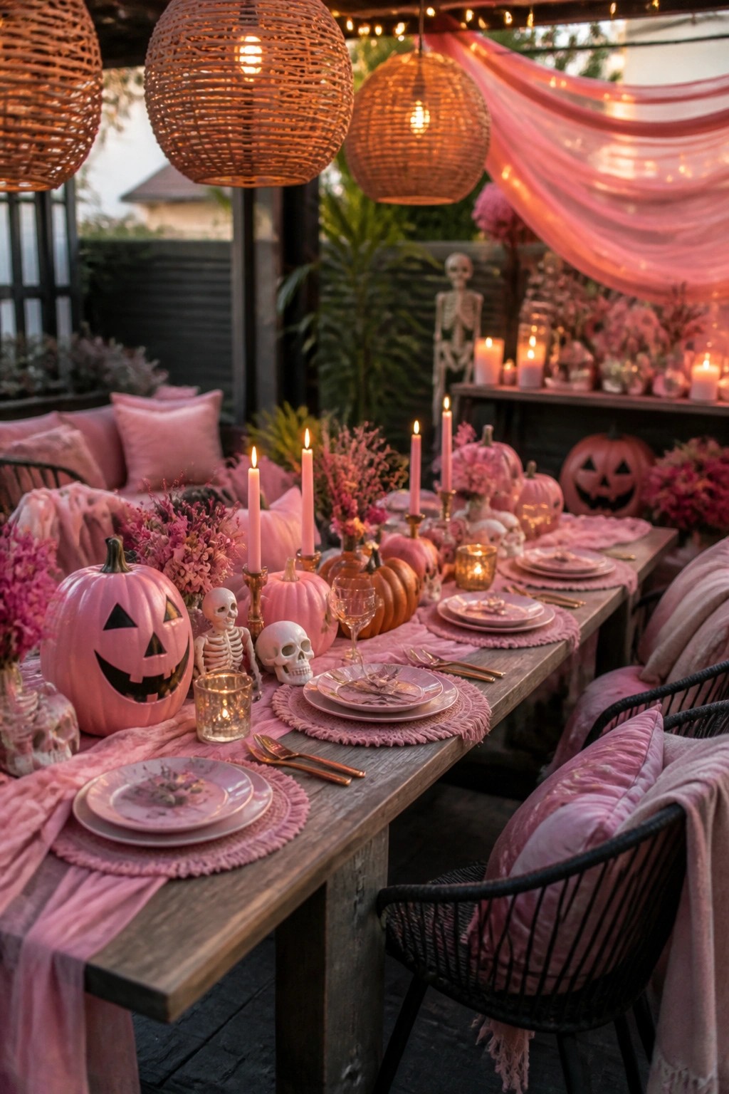 Outdoor wooden dining table set with pink jack-o'-lanterns, small skeletons, skulls, and pink candles along a pink runner.
