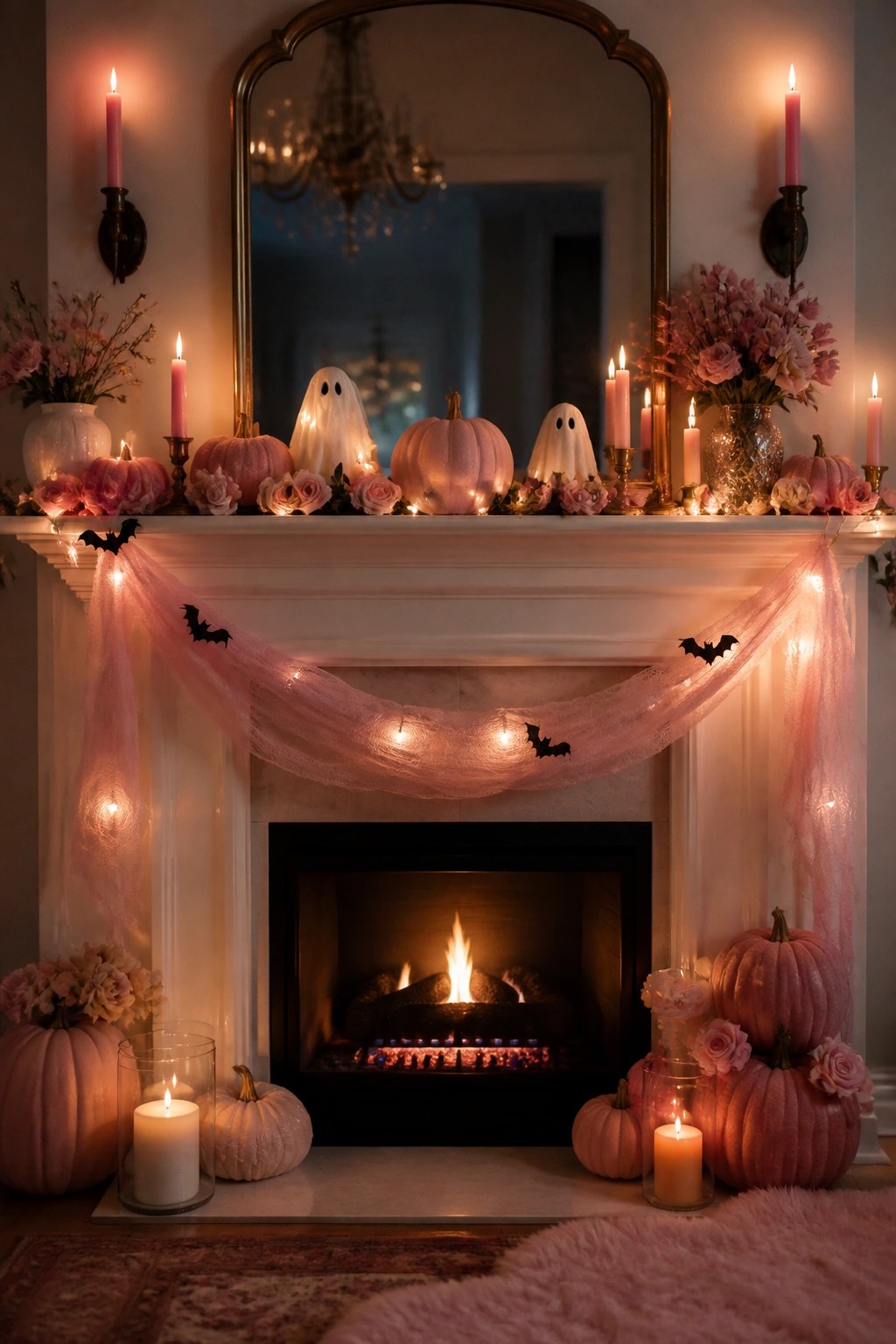 Pink Halloween fireplace with glowing ghosts, pumpkins, candles, and bat garland.