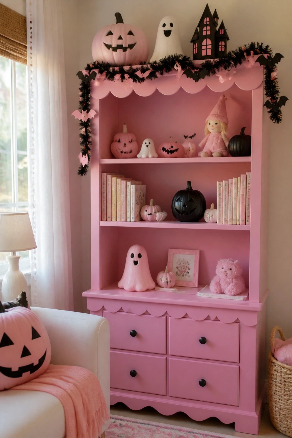Pink built-in bookshelf styled with pink and black pumpkins, ghost figures, a bat garland, and a small haunted house for Halloween.